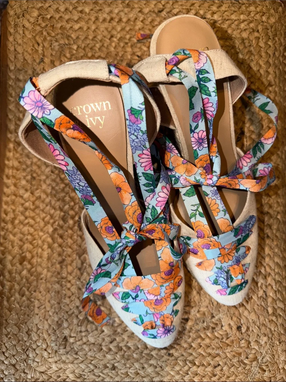 Crown & Ivy Floral Tie-Ankle Espadrille Wedges - Light Blue, Orange, Purple